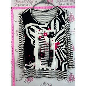 Frank Walder shirt unique Black & White Graphic Floral Top with Pink Accents